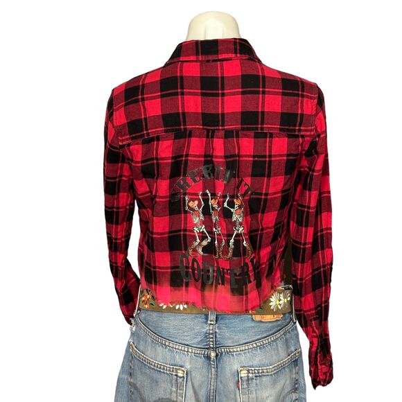 Cowboy Skelton Flannel Plaid Shirt Shacket Crop Top SMALL Oversize Unique Red - Picture 1 of 6